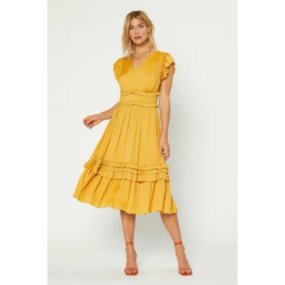 Anthropologie Current Air Sereia Marigold Yellow Ruffle V Neck Midi Midaxi Dress